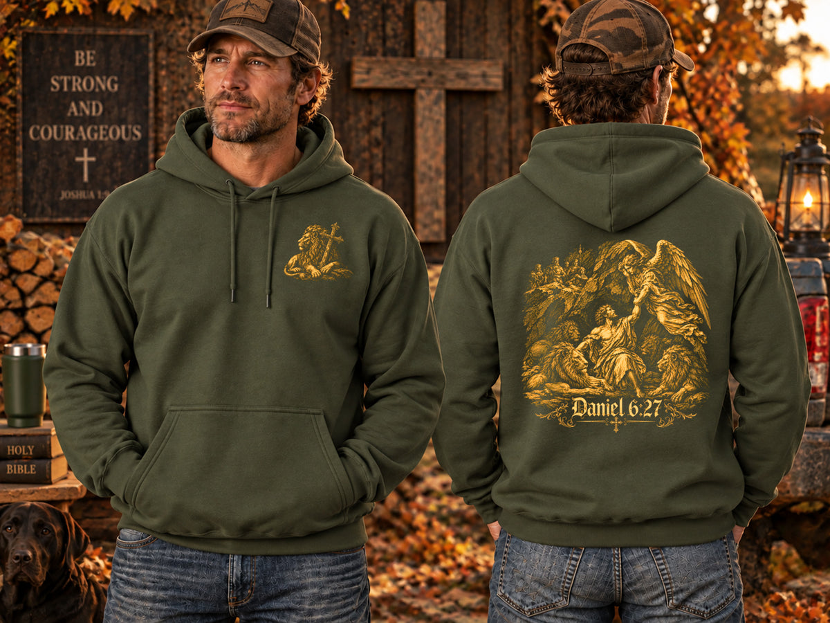 Christian Hoodie for Men Daniel 6:27 Lions Den Bible Verse Sweatshirt Medieval Gothic Christian Apparel Angel Hoodie
