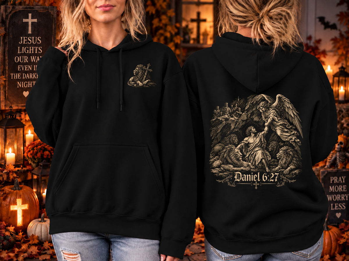 Christian Hoodie for Men Daniel 6:27 Lions Den Bible Verse Sweatshirt Medieval Gothic Christian Apparel Angel Hoodie