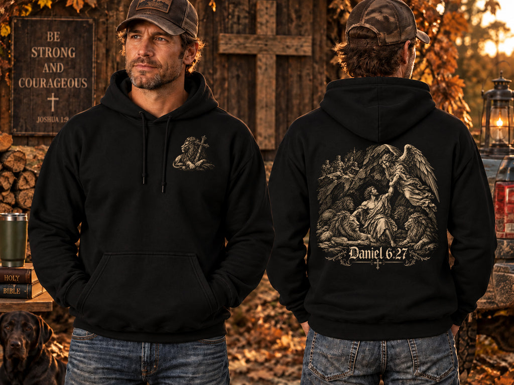 Christian Hoodie for Men Daniel 6:27 Lions Den Bible Verse Sweatshirt Medieval Gothic Christian Apparel Angel Hoodie