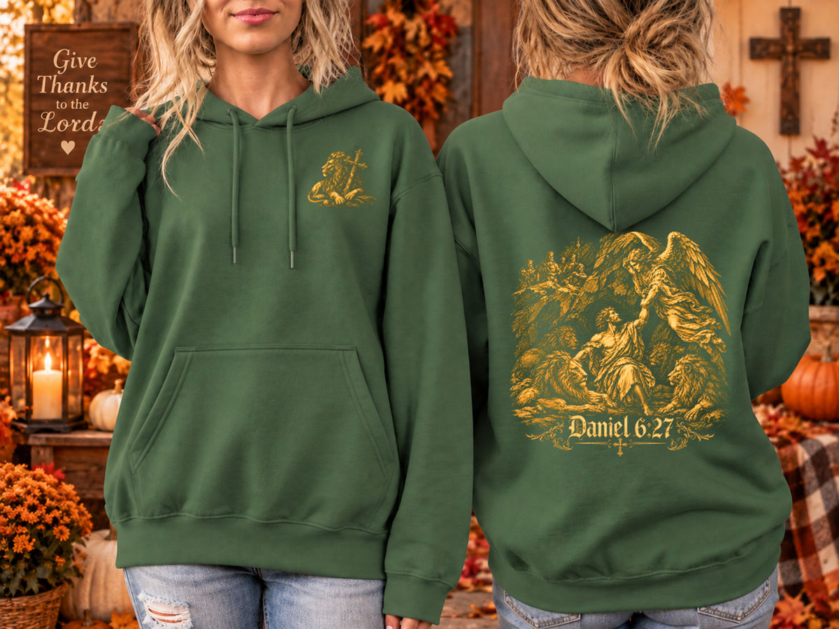 Christian Hoodie for Men Daniel 6:27 Lions Den Bible Verse Sweatshirt Medieval Gothic Christian Apparel Angel Hoodie