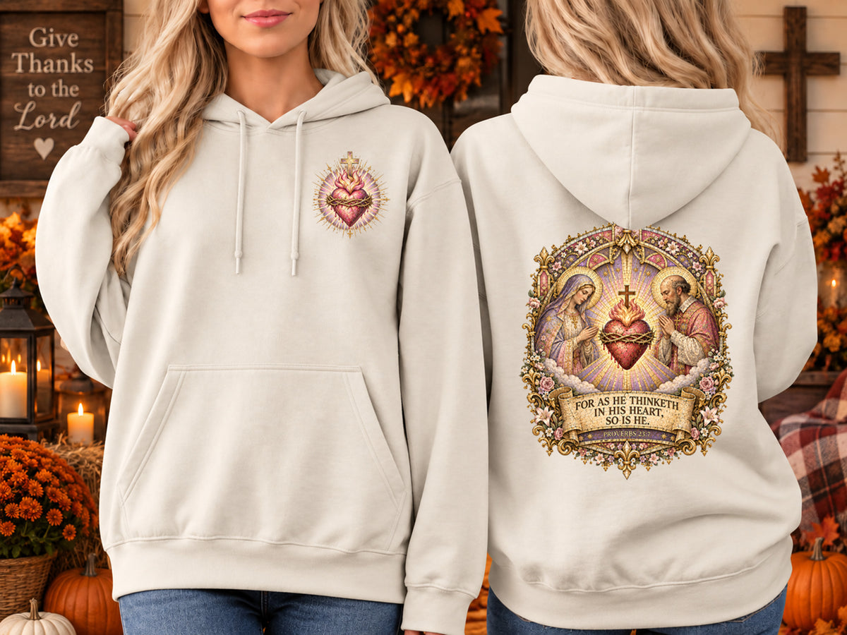 Proverbs 23:7 Christian Hoodie Feminine Sacred Heart Catholic Hoodie Pink Medieval Bible Verse Sweatshirt Virgin Mary Jesus Faith Sweater