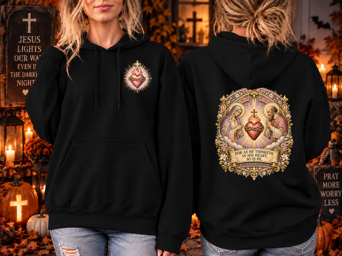 Proverbs 23:7 Christian Hoodie Feminine Sacred Heart Catholic Hoodie Pink Medieval Bible Verse Sweatshirt Virgin Mary Jesus Faith Sweater