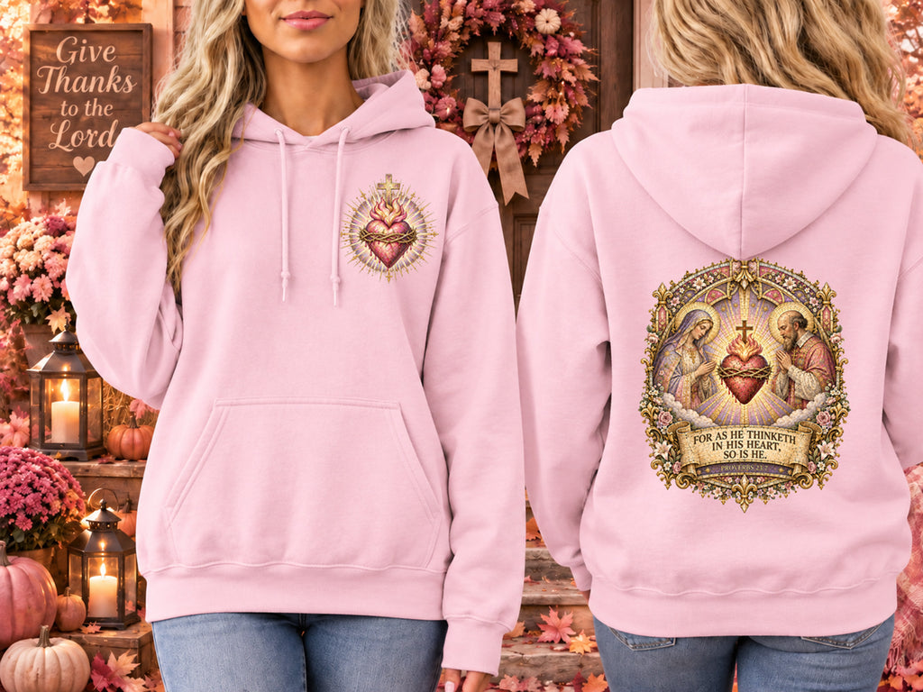 Proverbs 23:7 Christian Hoodie Feminine Sacred Heart Catholic Hoodie Pink Medieval Bible Verse Sweatshirt Virgin Mary Jesus Faith Sweater