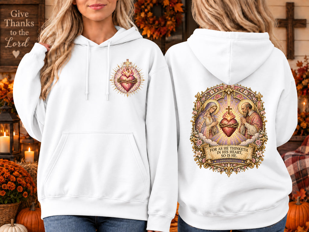 Proverbs 23:7 Christian Hoodie Feminine Sacred Heart Catholic Hoodie Pink Medieval Bible Verse Sweatshirt Virgin Mary Jesus Faith Sweater